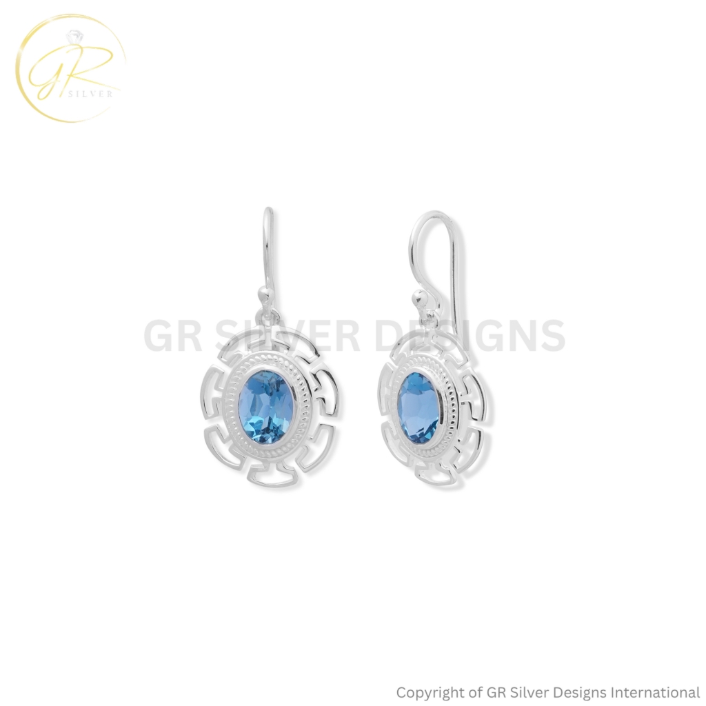925 Sterling Silver Blue Topaz Oval Geometric Drop Earrings