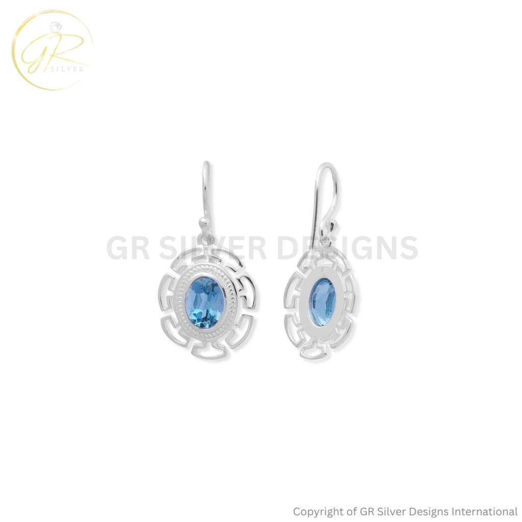 925 Sterling Silver Blue Topaz Oval Geometric Drop Earrings