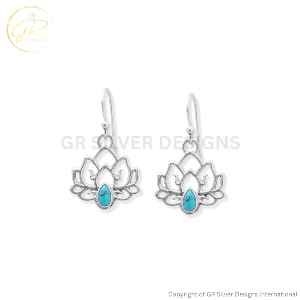 Turquoise Lotus Earrings in Sterling Silver By GR Silver Designs