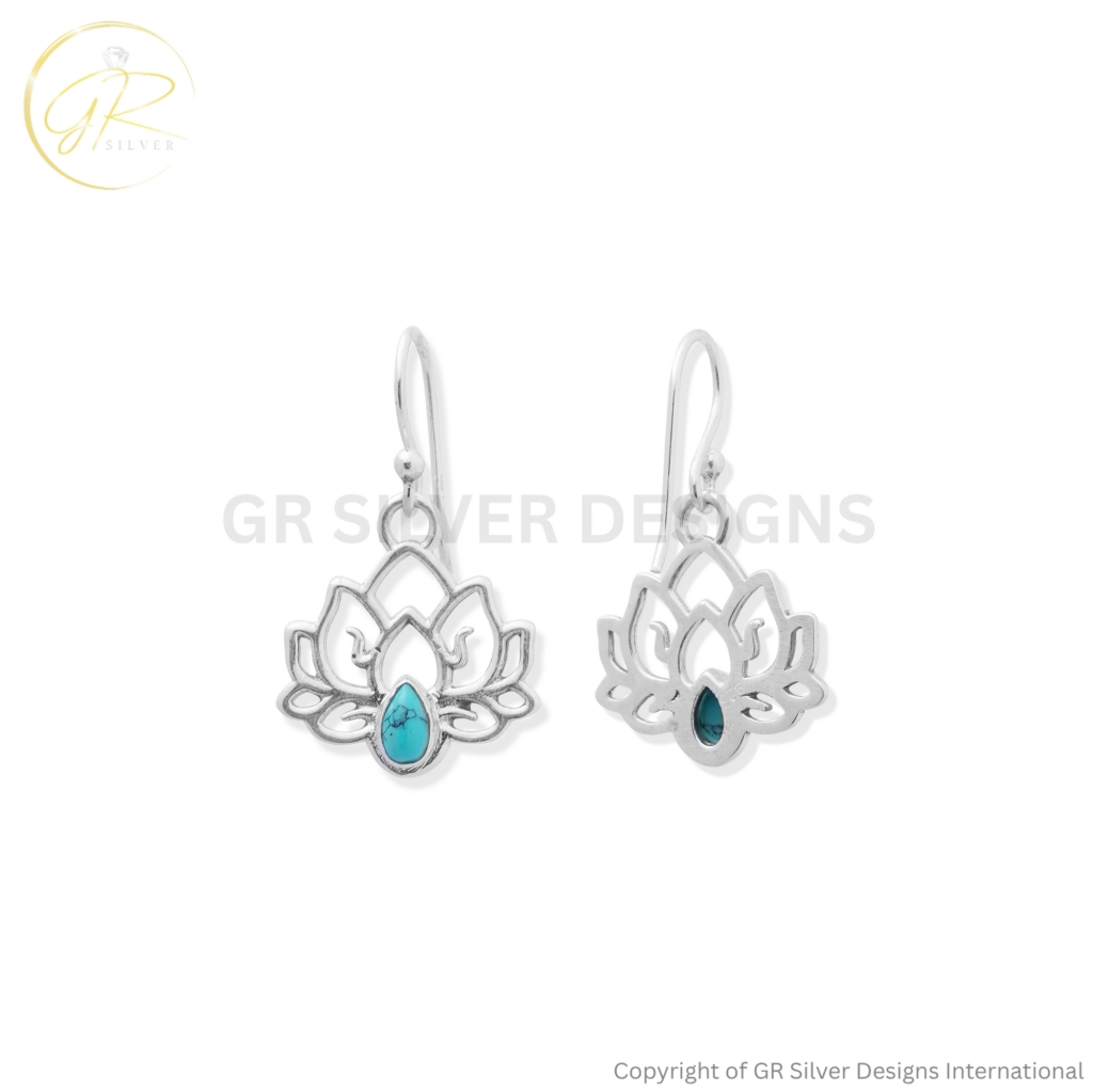 Turquoise Lotus Earrings in Sterling Silver By GR Silver Designs
