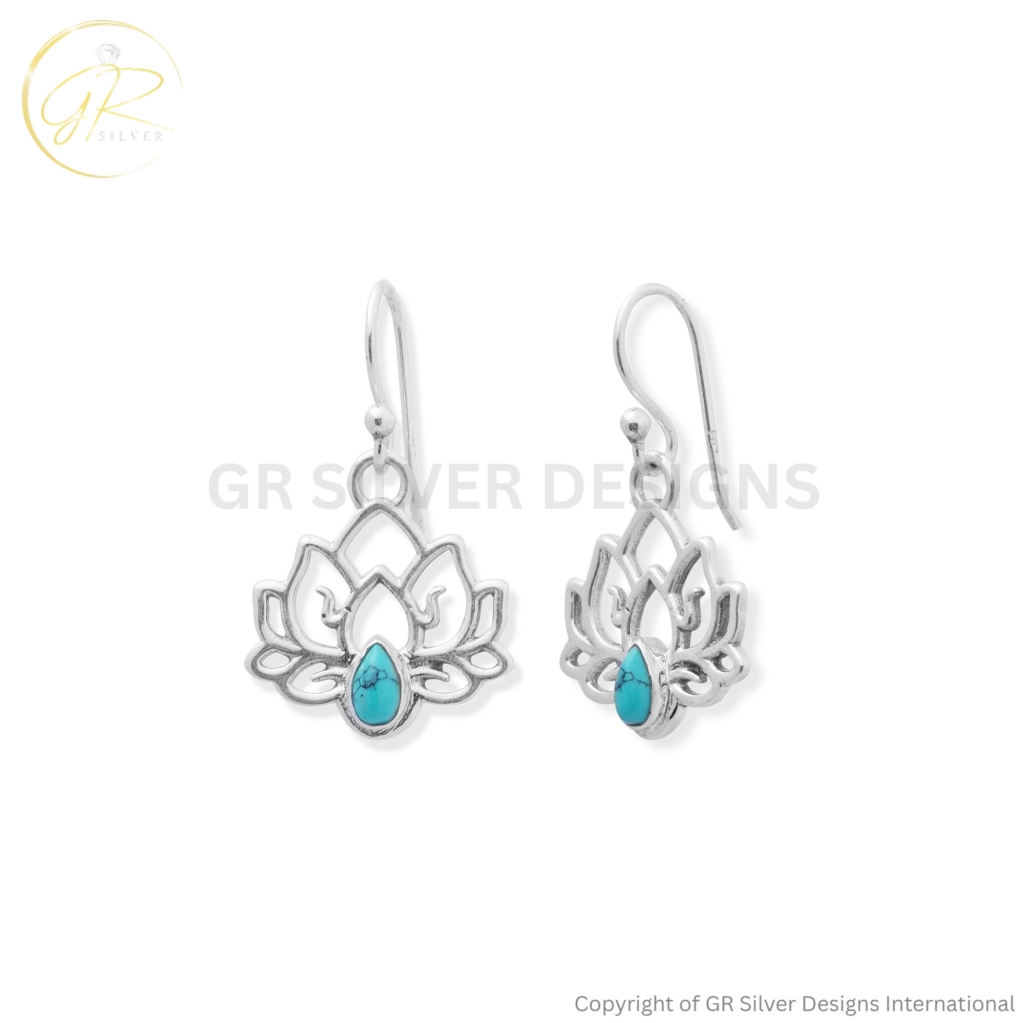 Turquoise Lotus Earrings in Sterling Silver By GR Silver Designs