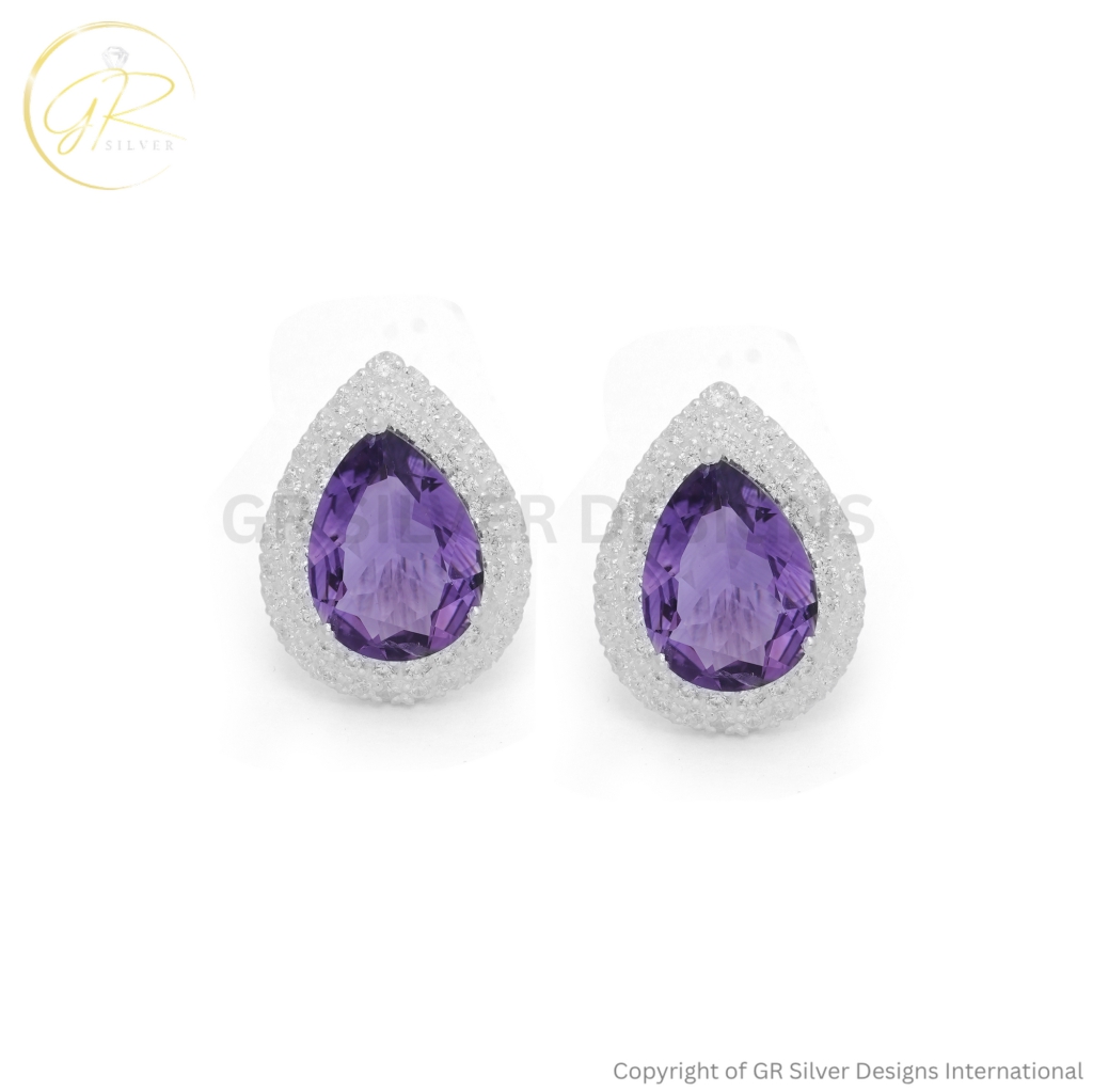 Silver Amethyst Studs Earrings by GR Silver Designs