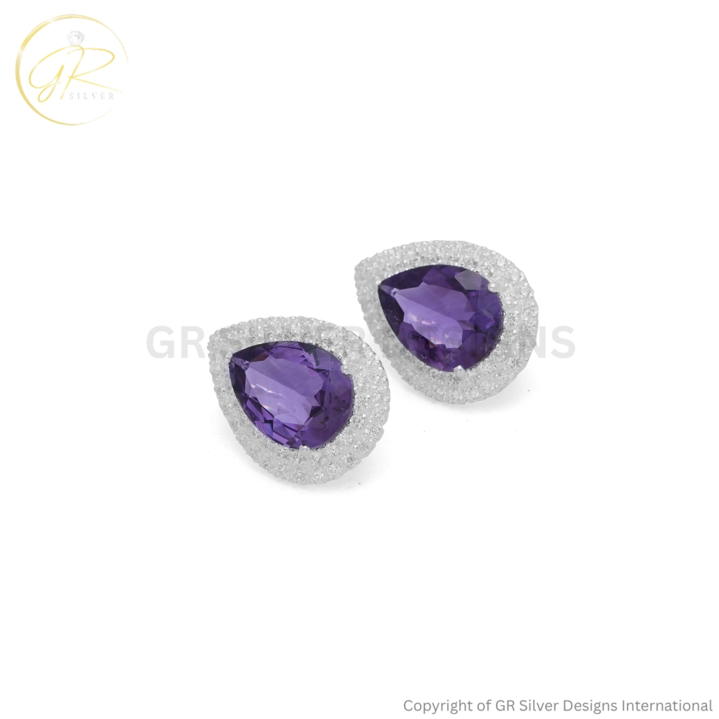 Silver Amethyst Studs Earrings by GR Silver Designs