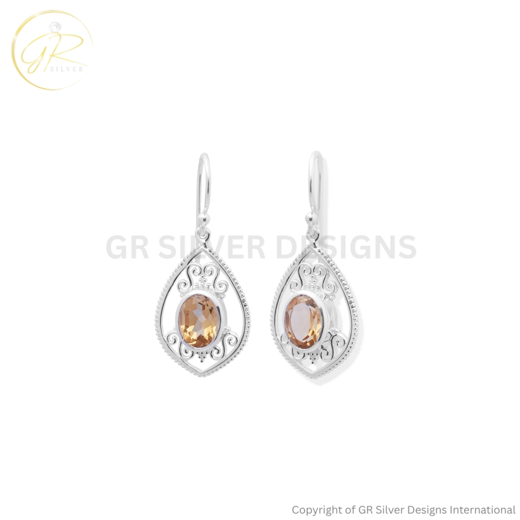 Natural Citrine Oval Faceted Sterling Silver Wedding Earrings