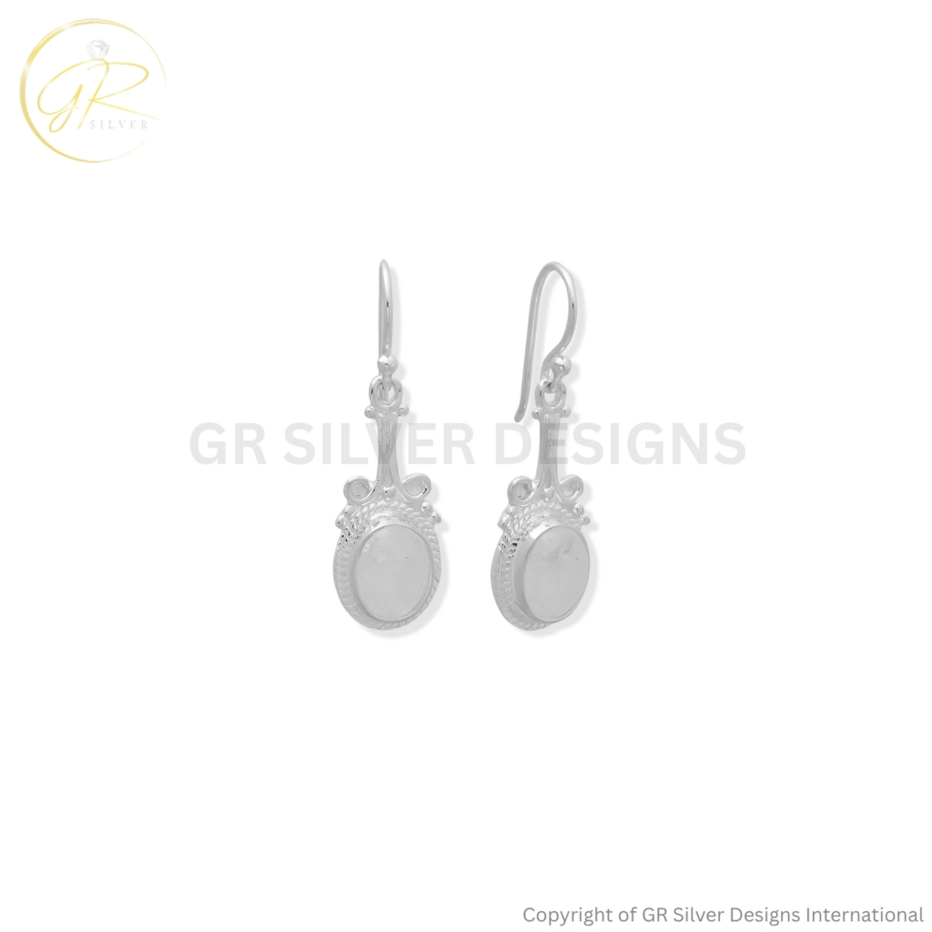 Handmade Rainbow Moonstone Dangle Silver Earrings For Wedding