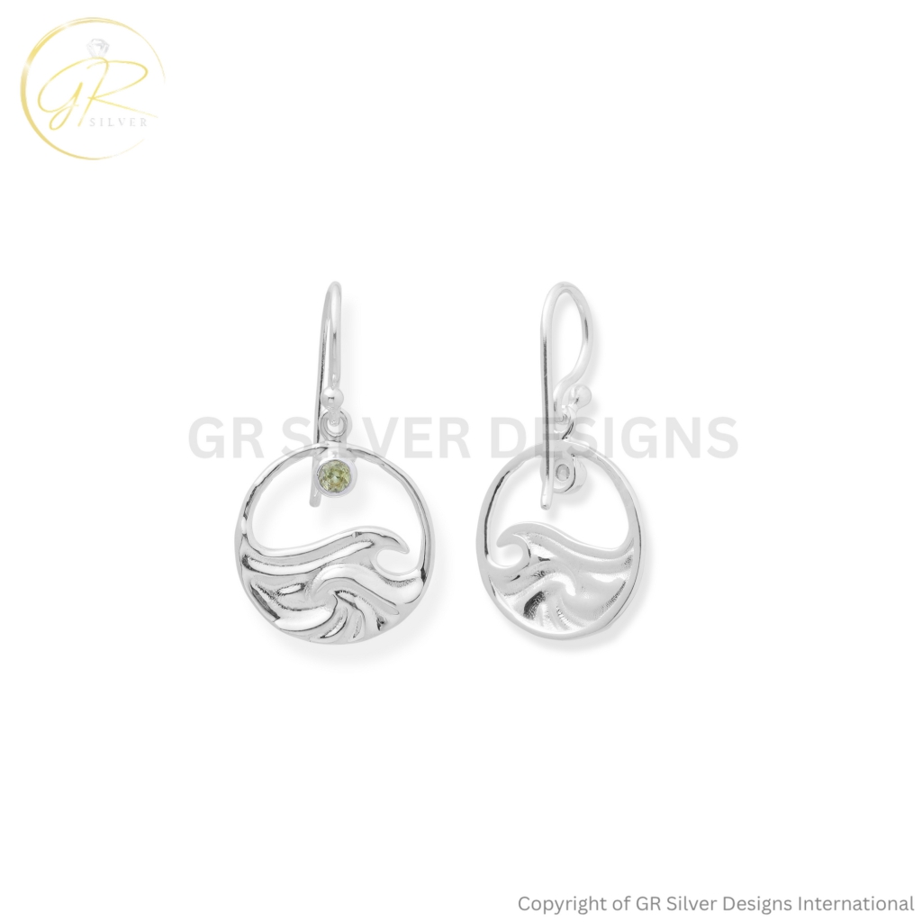 Ocean Wave Sterling Silver Peridot Dangle Earrings For Women