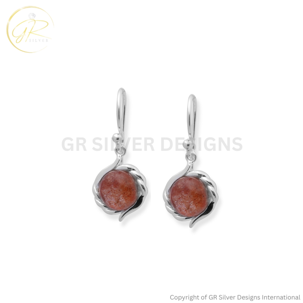 Orange Sunstone Crystal Dangle Drop Silver Earrings For Women