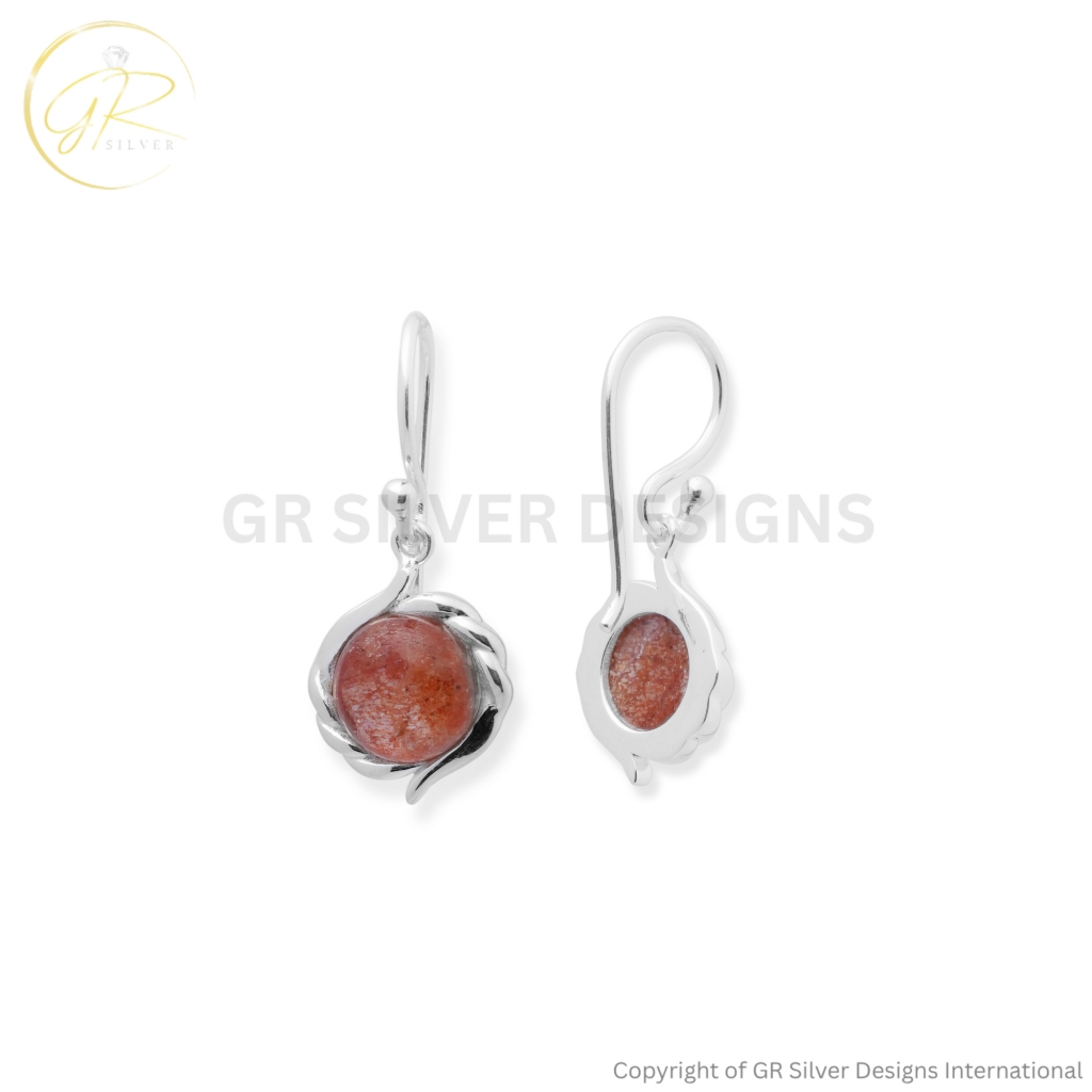 Orange Sunstone Crystal Dangle Drop Silver Earrings For Women
