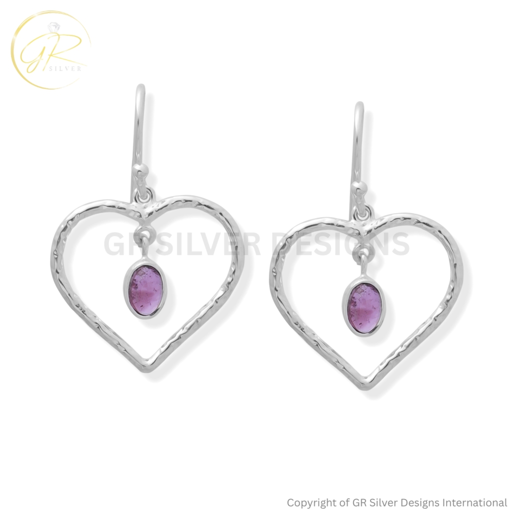 Pink Tourmaline Open Heart Sterling Silver Dangle Earrings