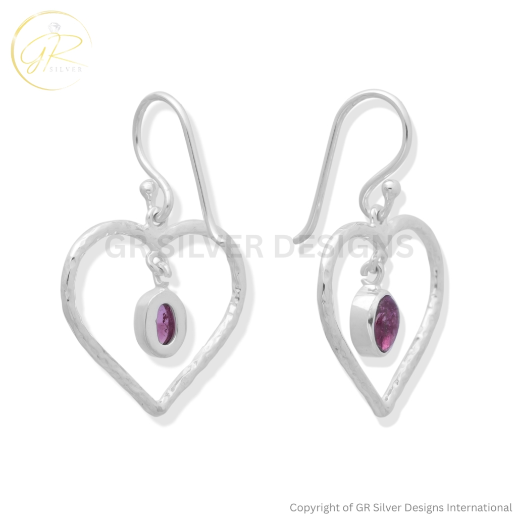 Pink Tourmaline Open Heart Sterling Silver Dangle Earrings
