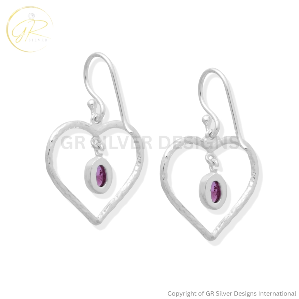 Pink Tourmaline Open Heart Sterling Silver Dangle Earrings