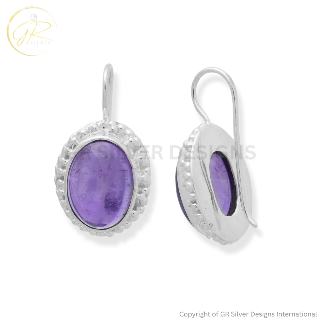 925 Sterling Silver Amethyst Cabochon Dangle Earrings For Girls