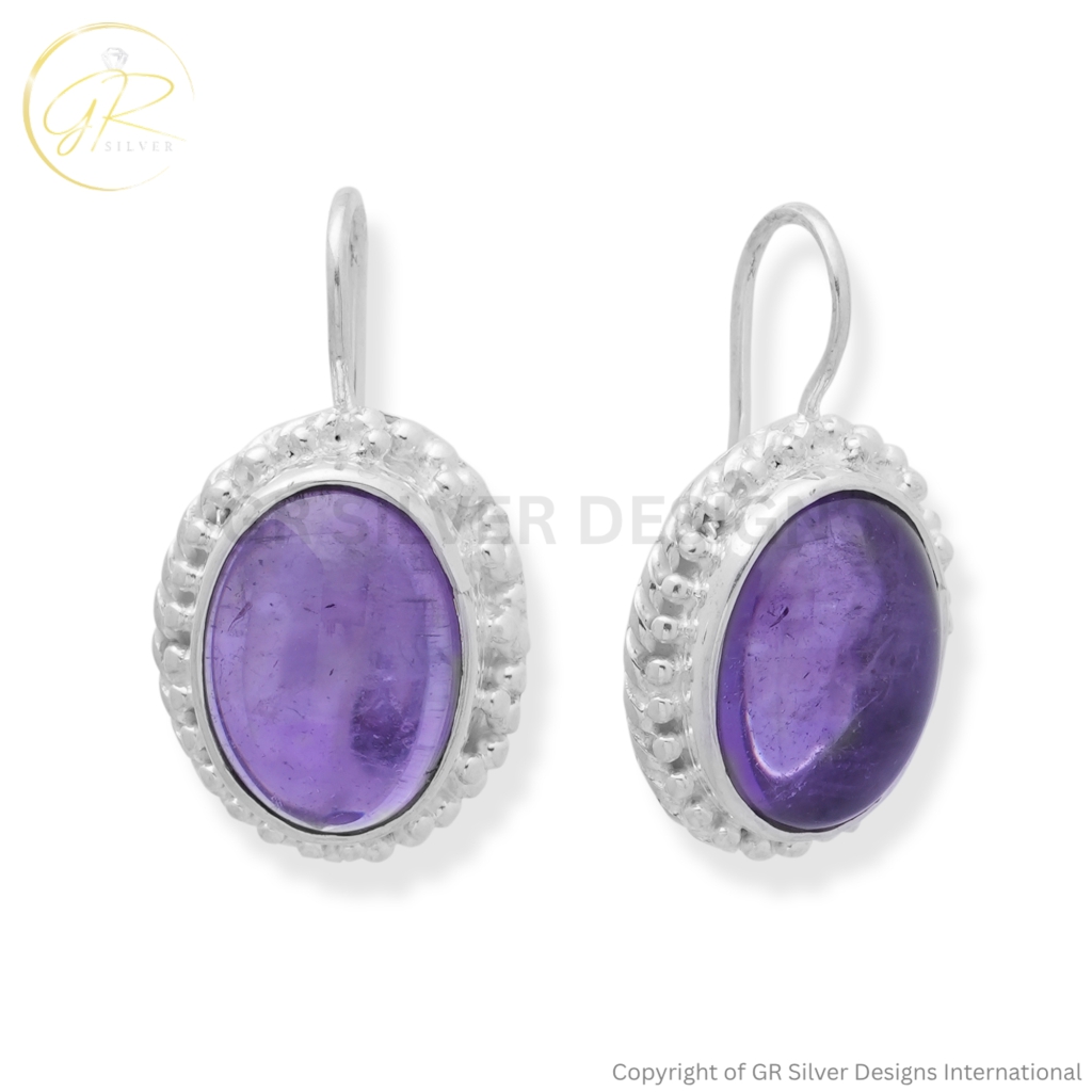 925 Sterling Silver Amethyst Cabochon Dangle Earrings For Girls