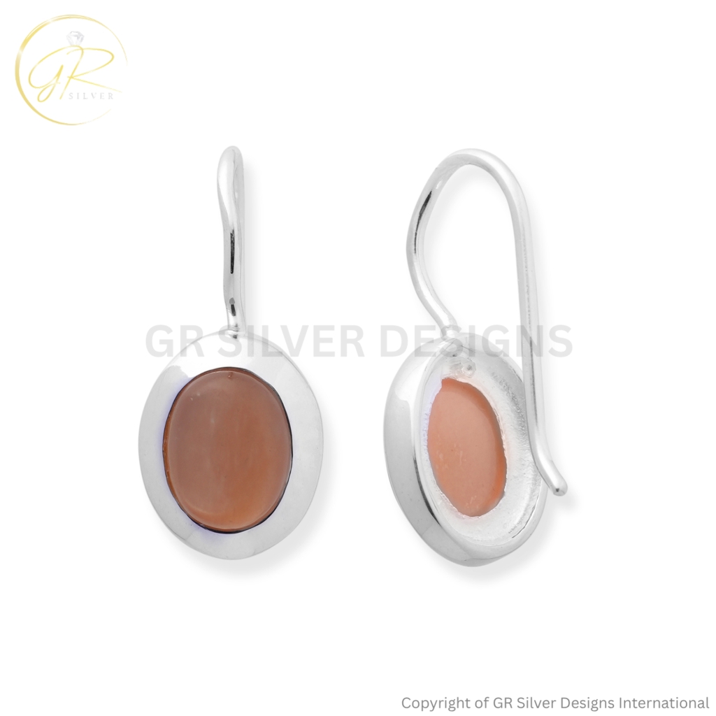 Peach Moonstone Oval Dangle Earrings in 925 Sterling Silver