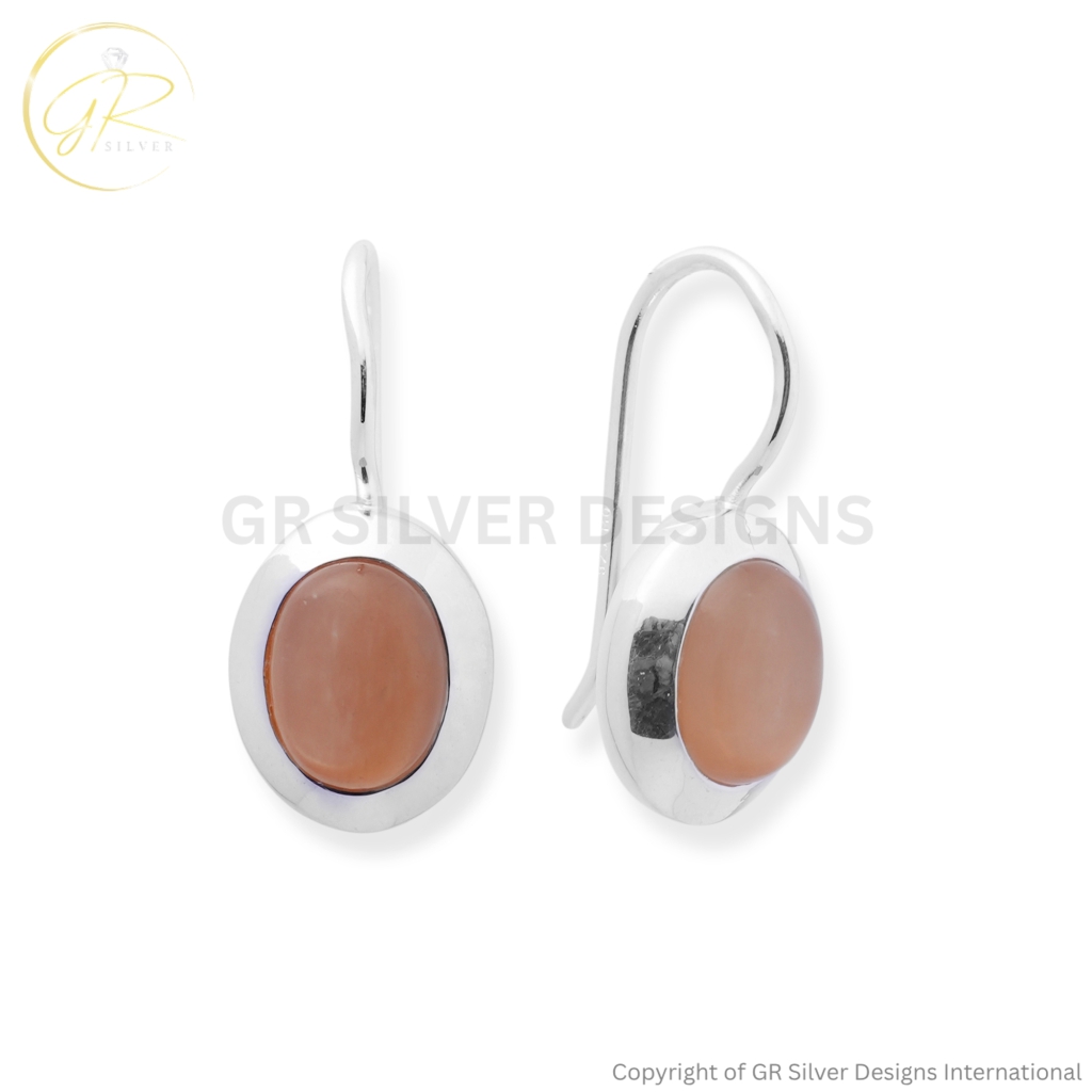 Peach Moonstone Oval Dangle Earrings in 925 Sterling Silver