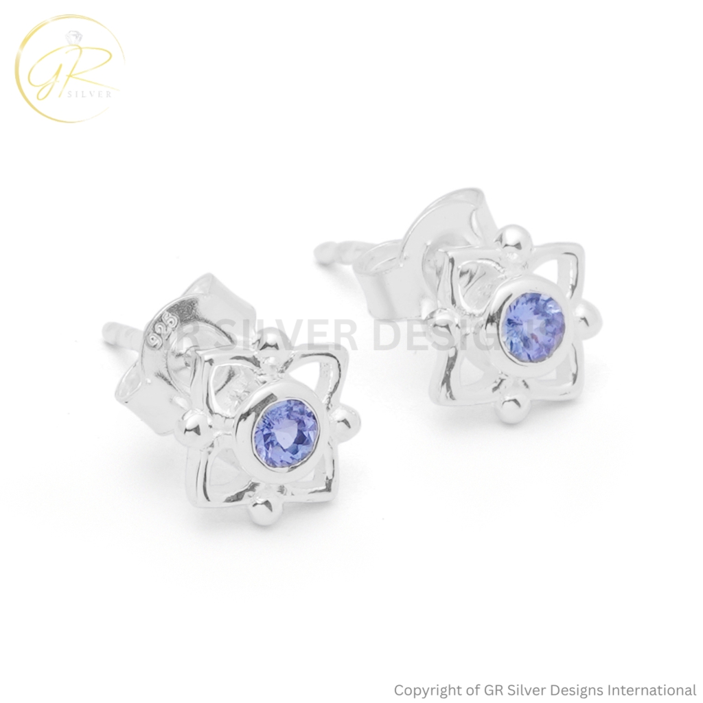 Womens Minimalist Tanzanite Round-Cut Sterling Silver Star Stud Earrings