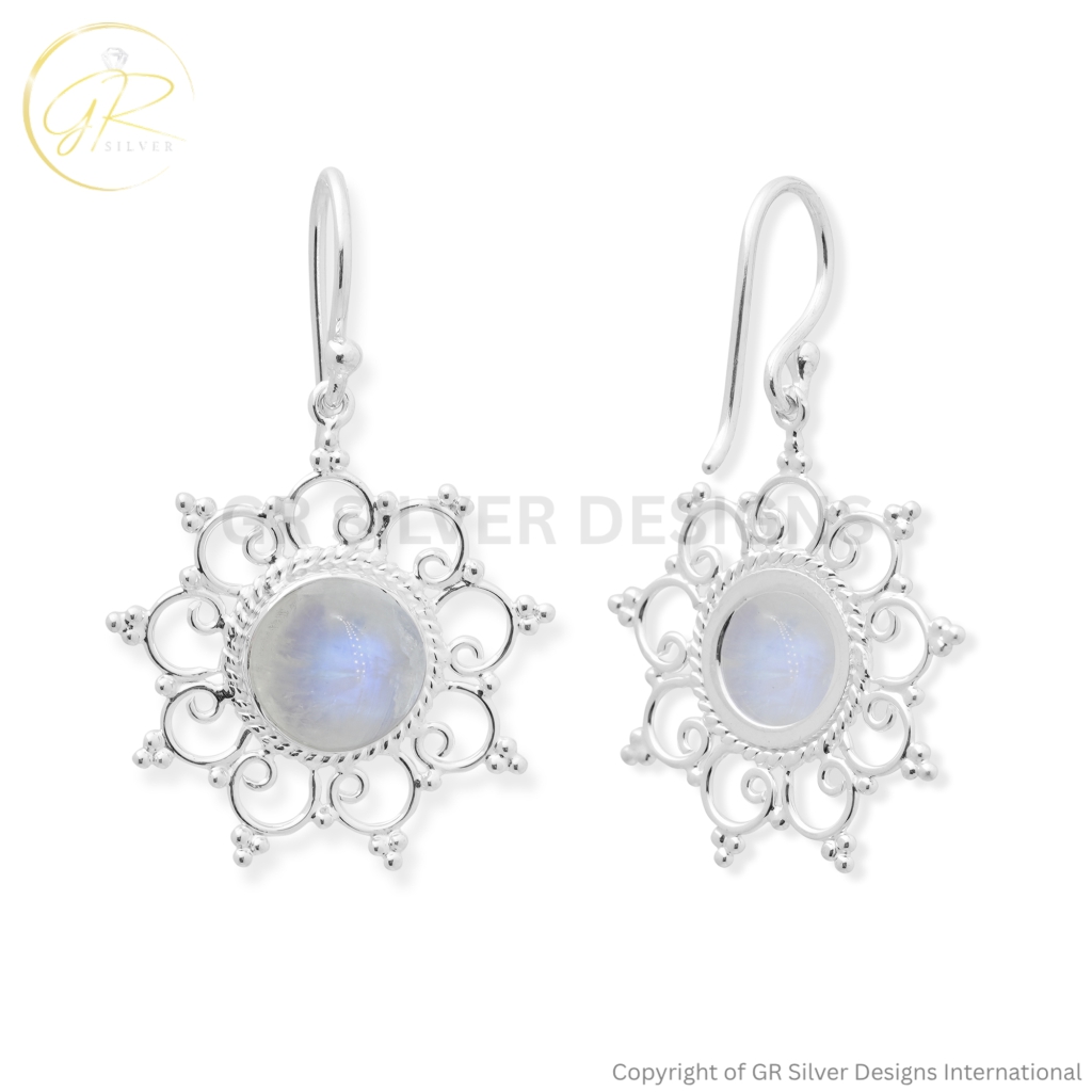 Vintage Floral Rainbow Moonstone Silver Dangle Earrings