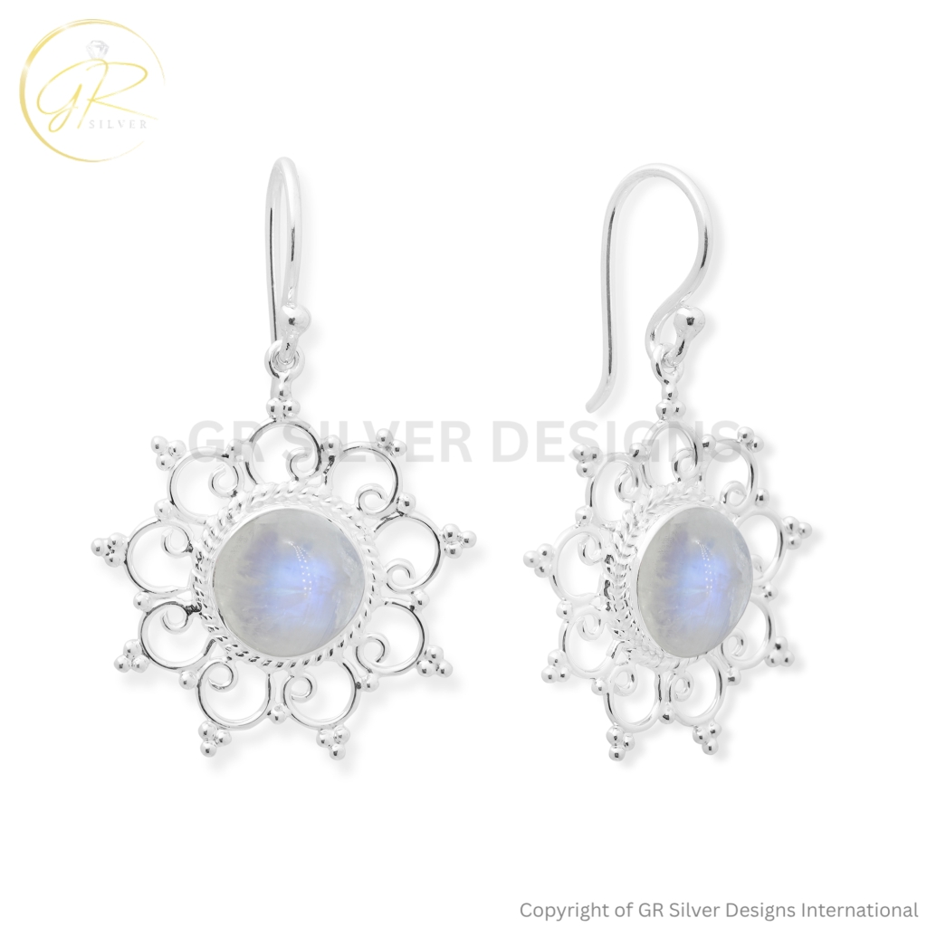 Vintage Floral Rainbow Moonstone Silver Dangle Earrings