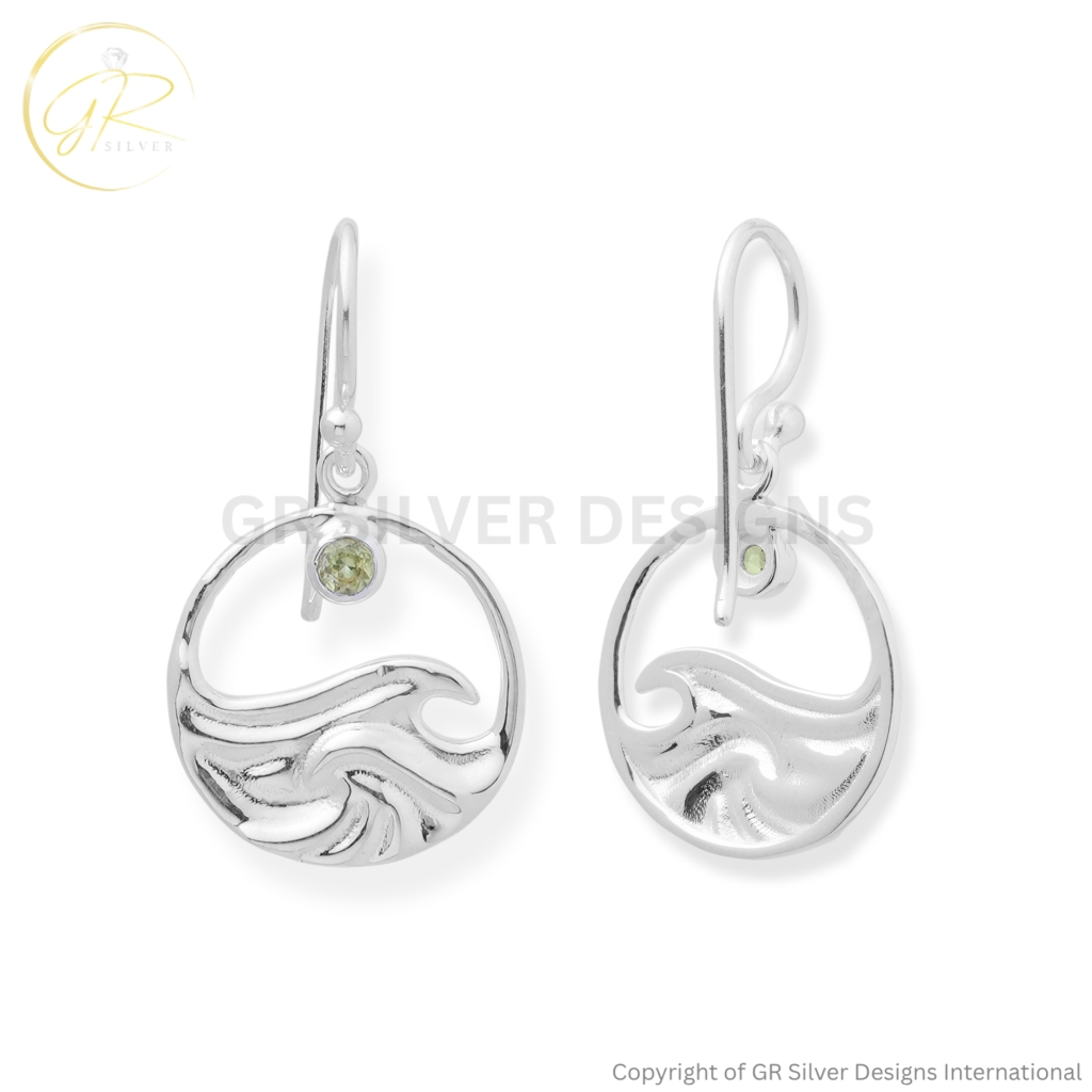Ocean Wave Sterling Silver Peridot Dangle Earrings For Women