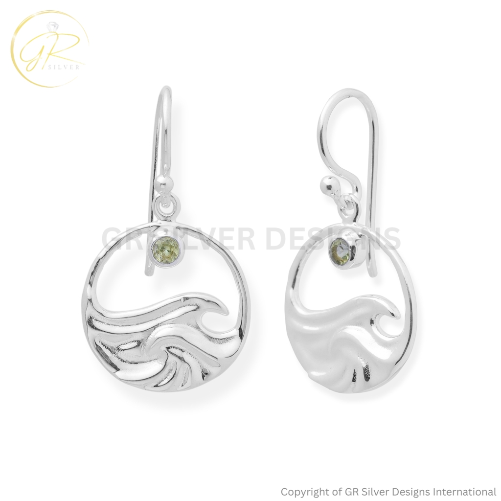 Ocean Wave Sterling Silver Peridot Dangle Earrings For Women