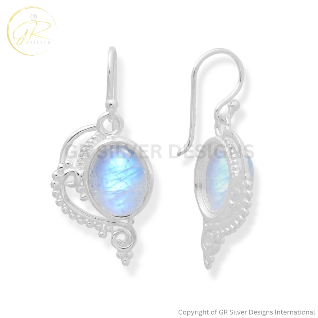 Rainbow Moonstone 9x11mm Oval Gemstone Sterling Silver Dangle Earrings