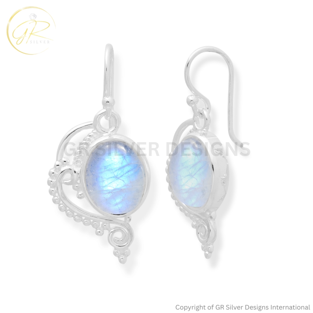 Rainbow Moonstone 9x11mm Oval Gemstone Sterling Silver Dangle Earrings