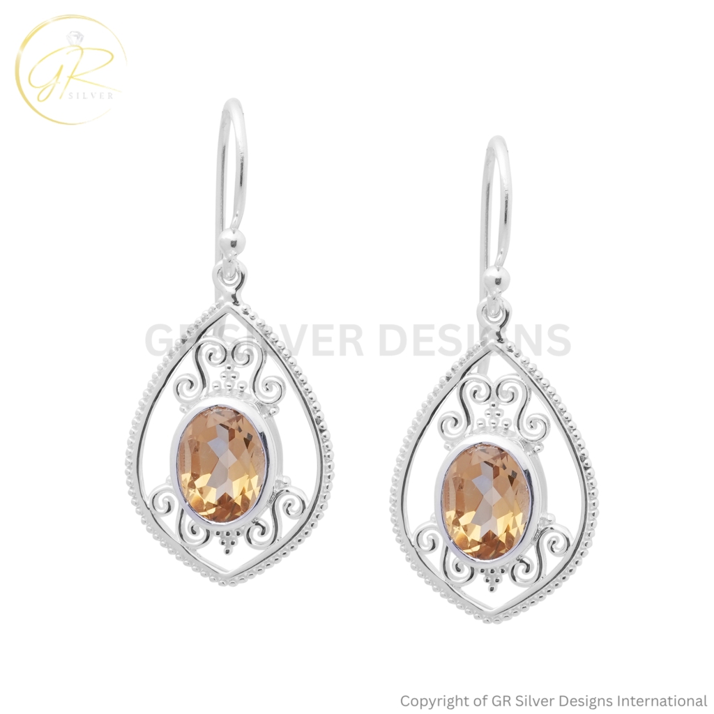 Natural Citrine Oval Faceted Sterling Silver Wedding Earrings