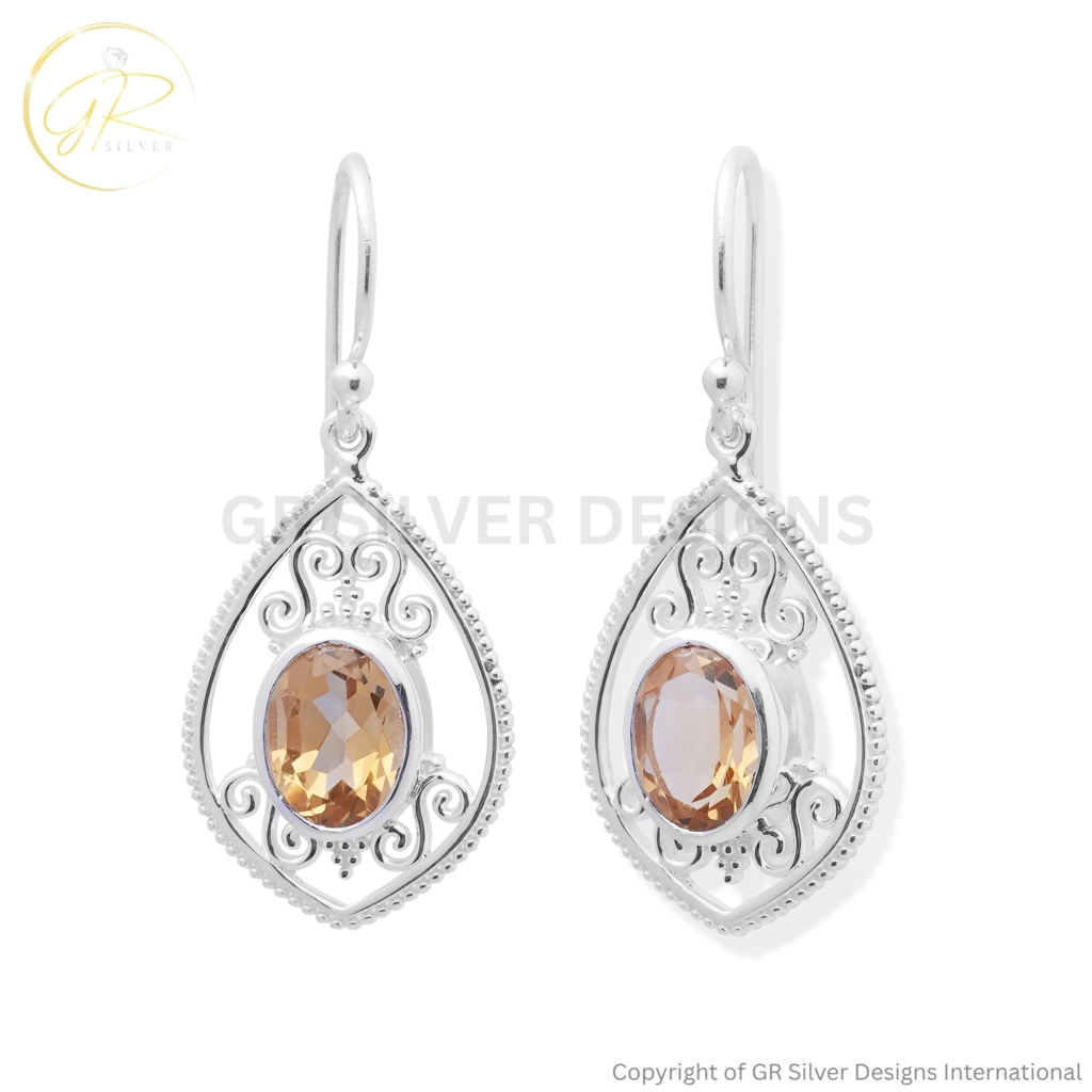 Natural Citrine Oval Faceted Sterling Silver Wedding Earrings