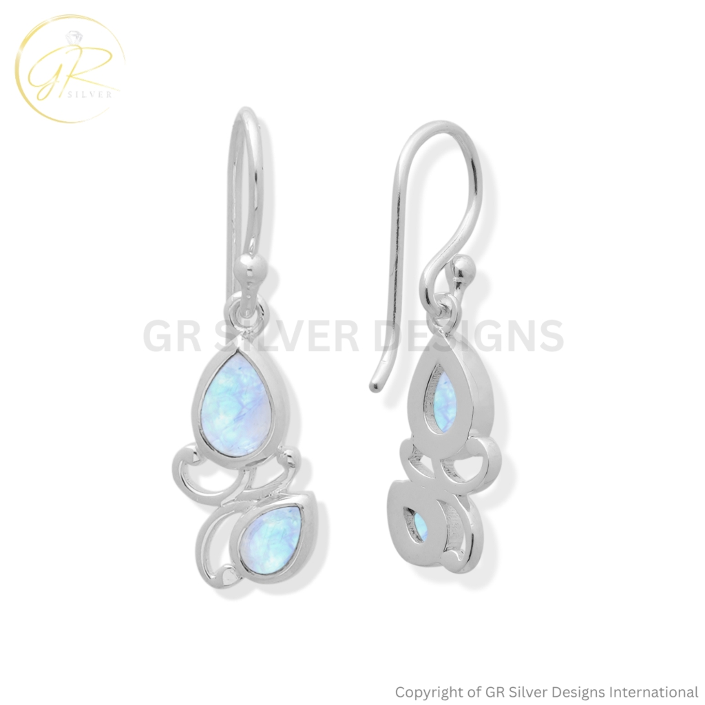 925 Sterling Silver Rainbow Moonstone Dangle Earrings