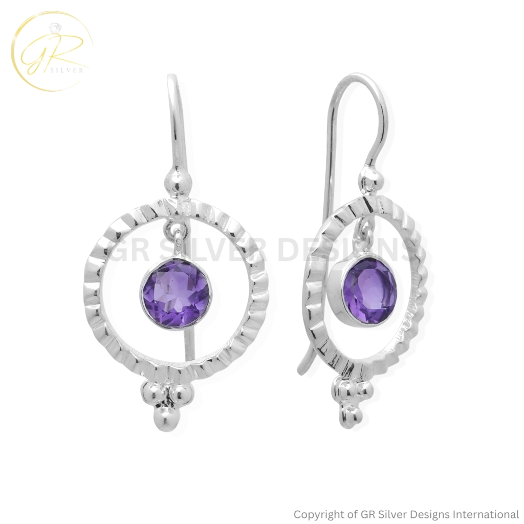 Natural Amethyst Round Silver Dangle Earrings