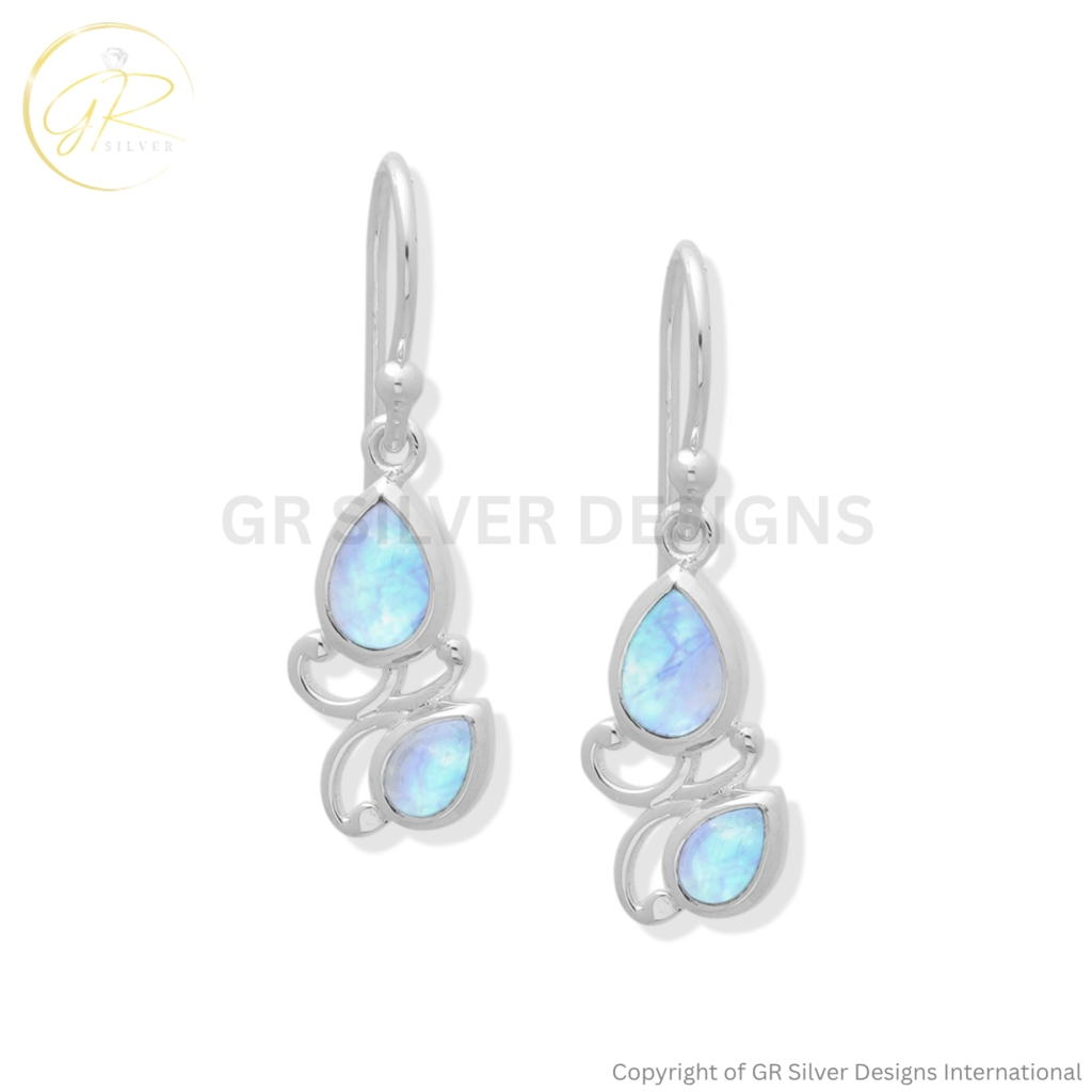 925 Sterling Silver Rainbow Moonstone Dangle Earrings