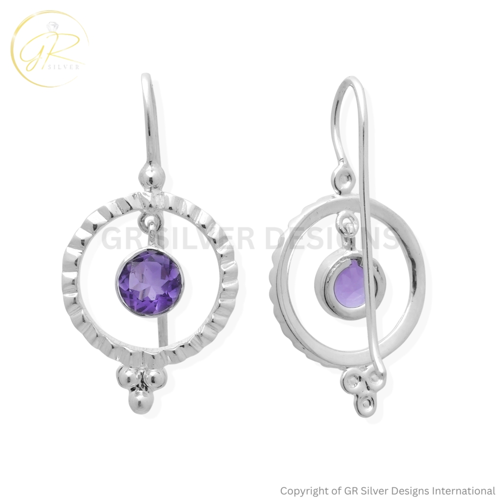 Natural Amethyst Round Silver Dangle Earrings