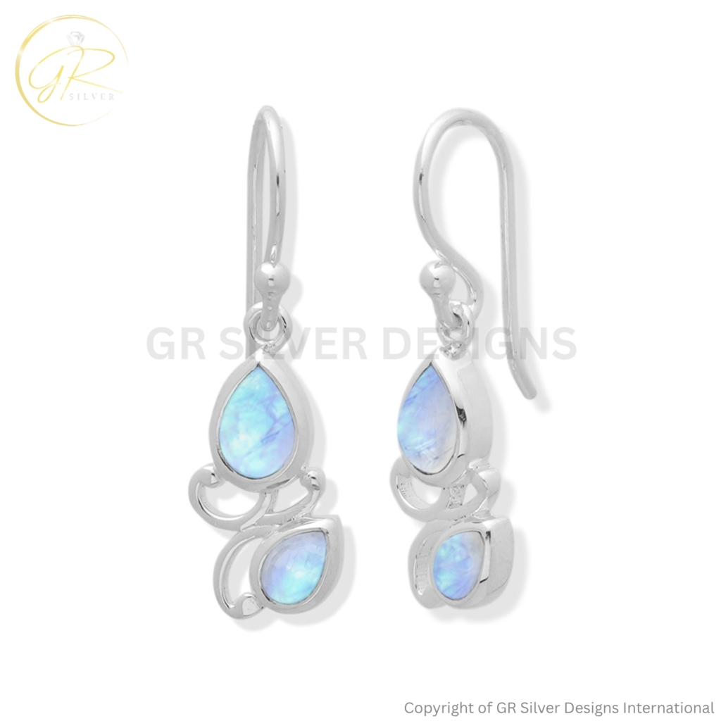 925 Sterling Silver Rainbow Moonstone Dangle Earrings
