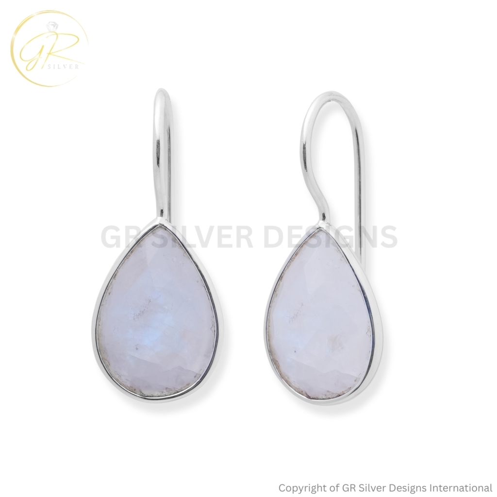 Rainbow Moonstone Pear Dangle Silver Everyday Earrings