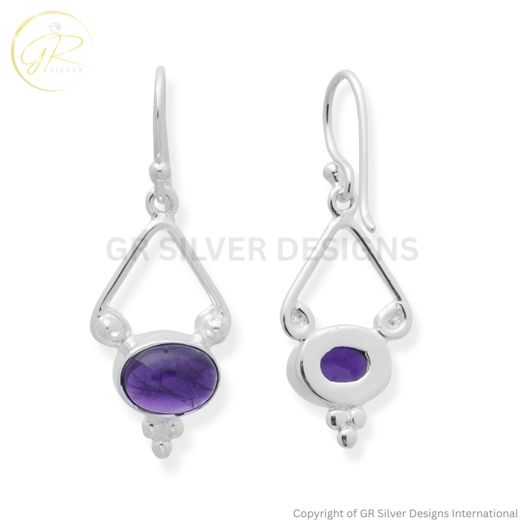 Natural Amethyst Oval Cabochon Silver Dangle Earrings