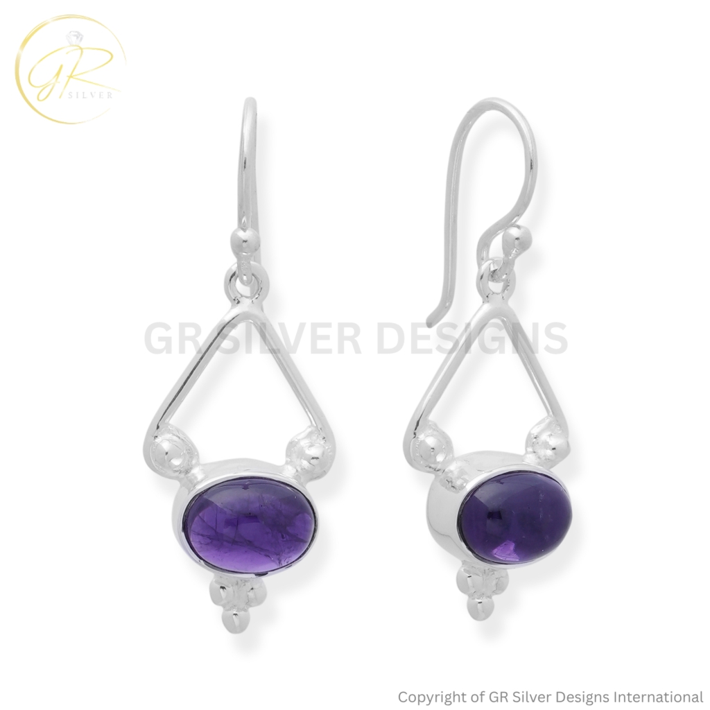 Natural Amethyst Oval Cabochon Silver Dangle Earrings