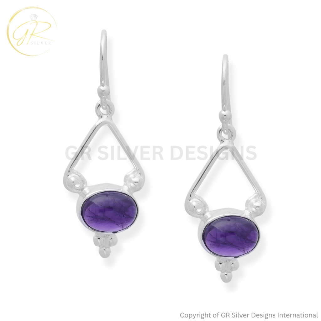 Natural Amethyst Oval Cabochon Silver Dangle Earrings