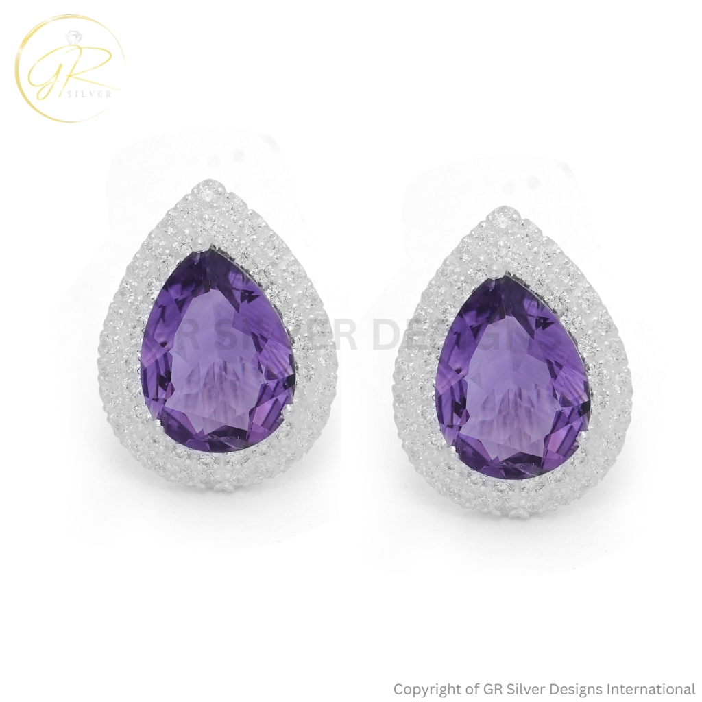 Silver Amethyst Studs Earrings by GR Silver Designs