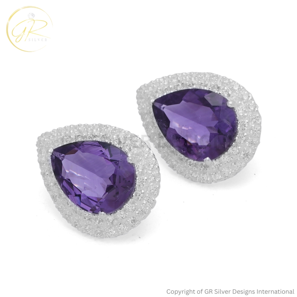 Silver Amethyst Studs Earrings by GR Silver Designs