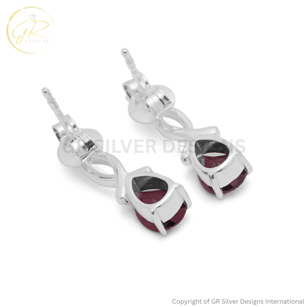 Silver Red Garnet Infinity Drop Earrings For Women