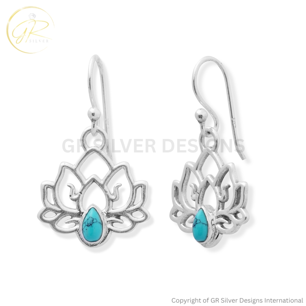 Turquoise Lotus Earrings in Sterling Silver By GR Silver Designs