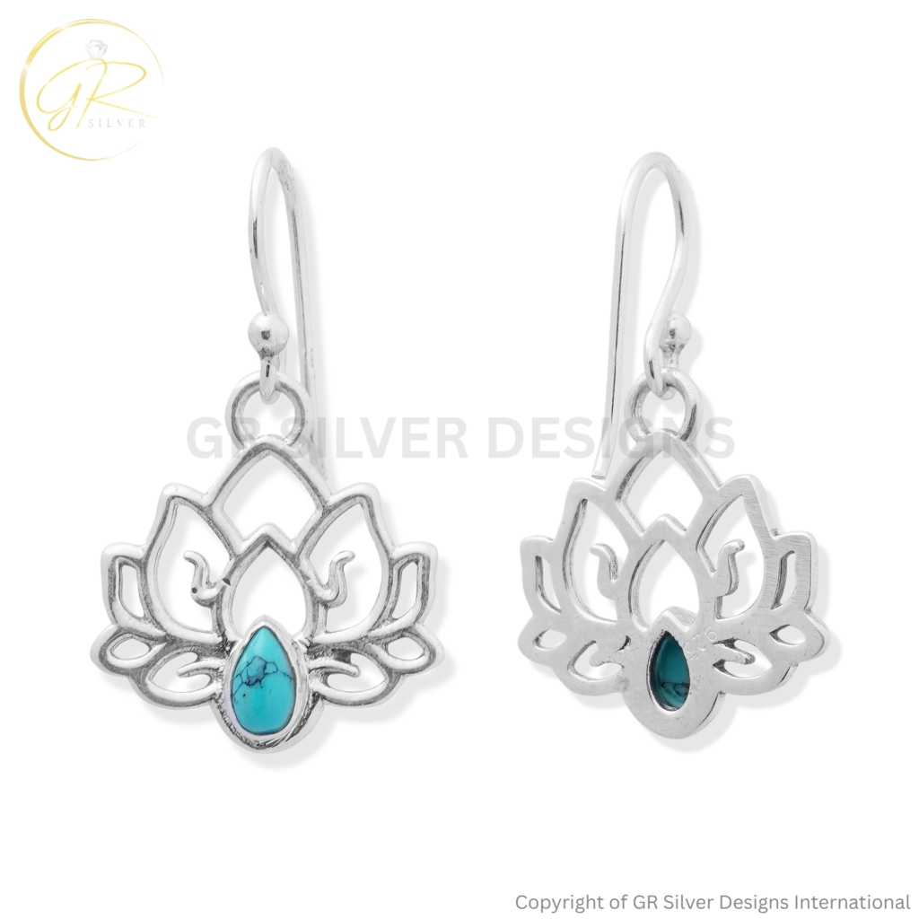 Turquoise Lotus Earrings in Sterling Silver By GR Silver Designs