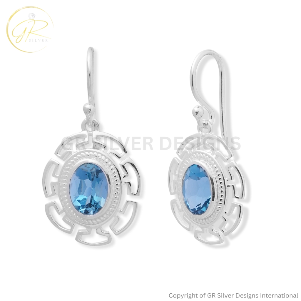 925 Sterling Silver Blue Topaz Oval Geometric Drop Earrings