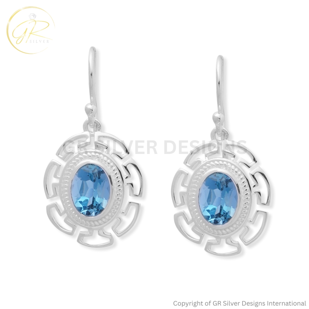 925 Sterling Silver Blue Topaz Oval Geometric Drop Earrings