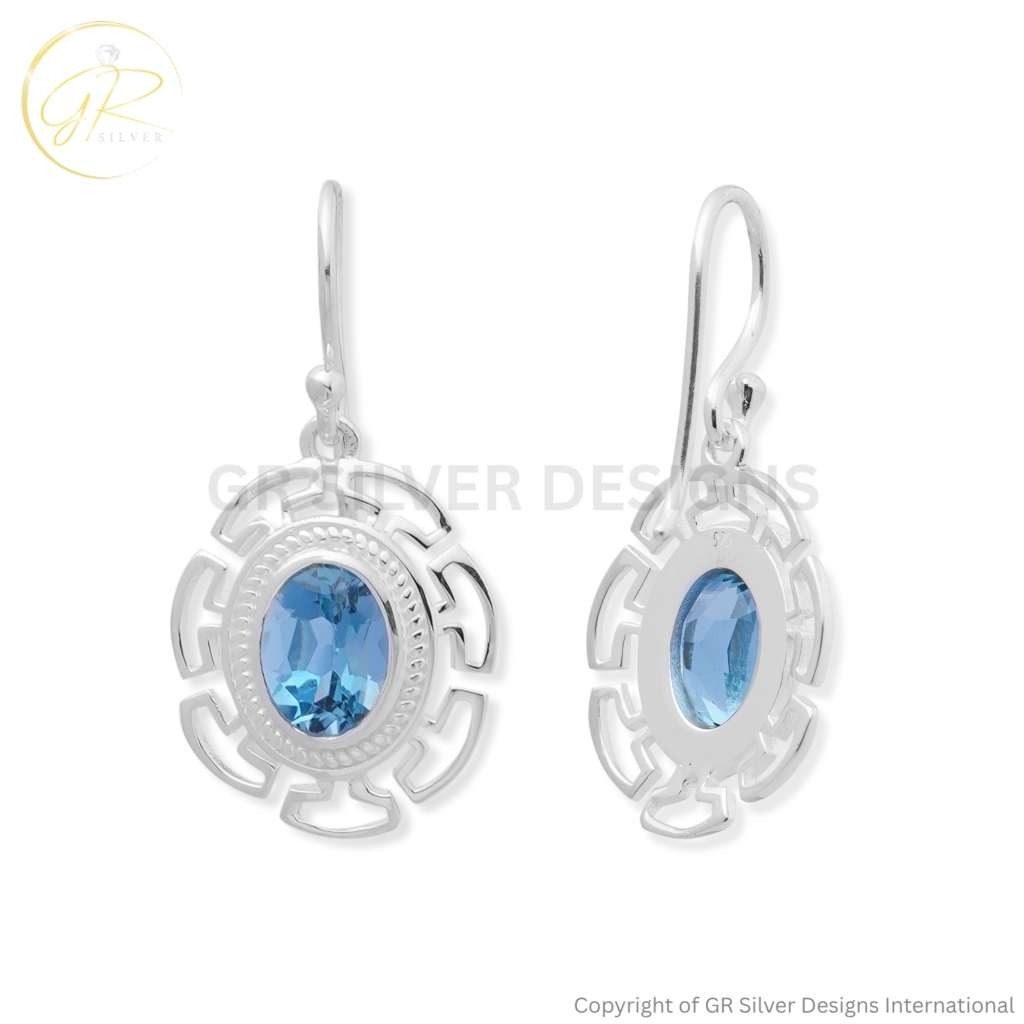 925 Sterling Silver Blue Topaz Oval Geometric Drop Earrings