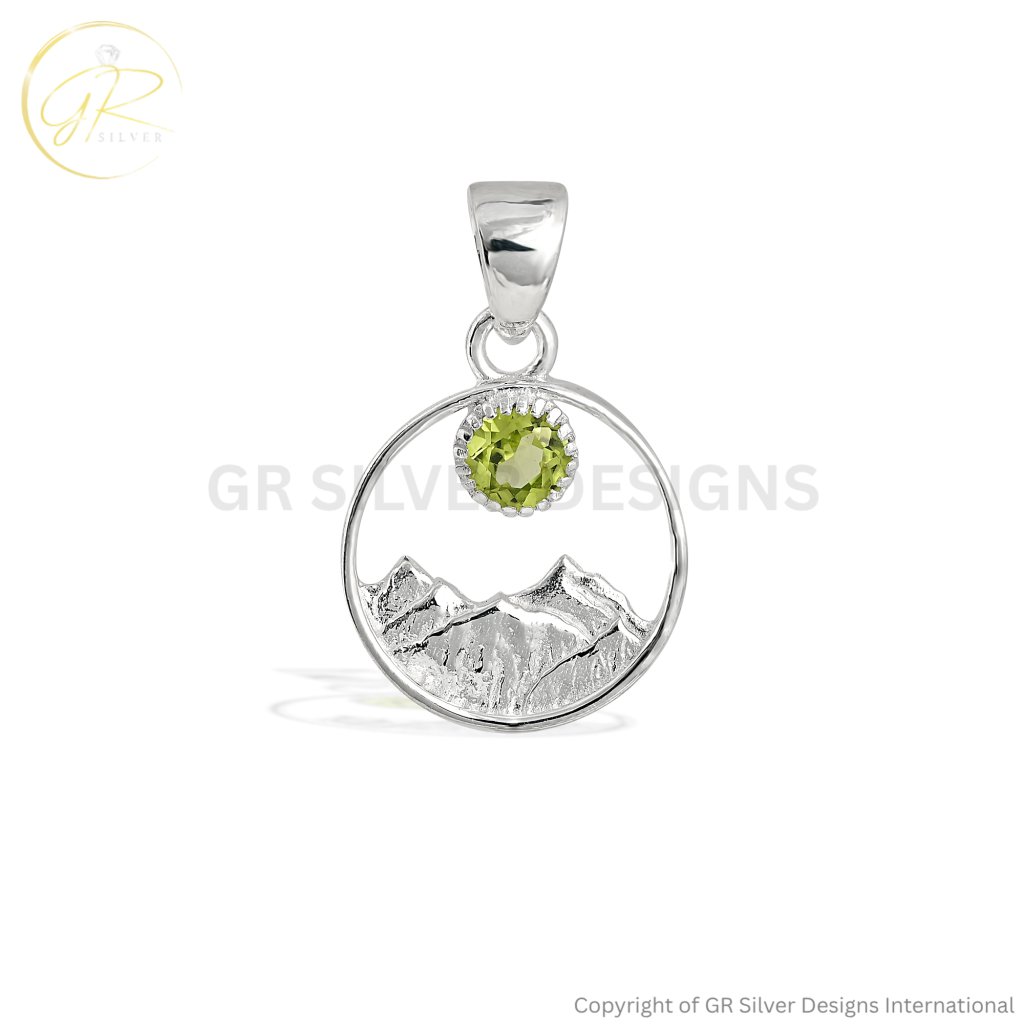 Peridot Birthstone Silver Mountain Pendant Necklace