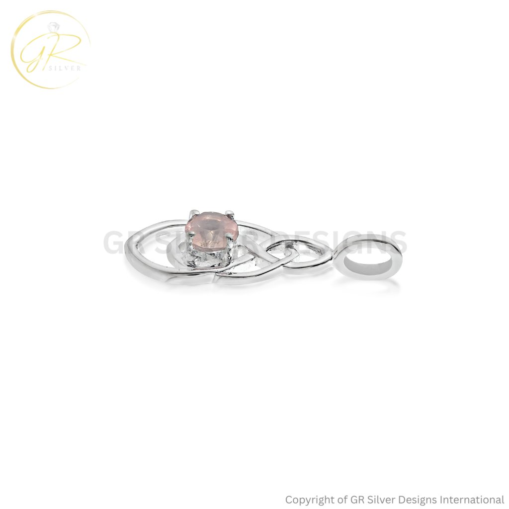 Natural Rose Quartz Birthstone Silver Celtic Knot Pendant Necklace