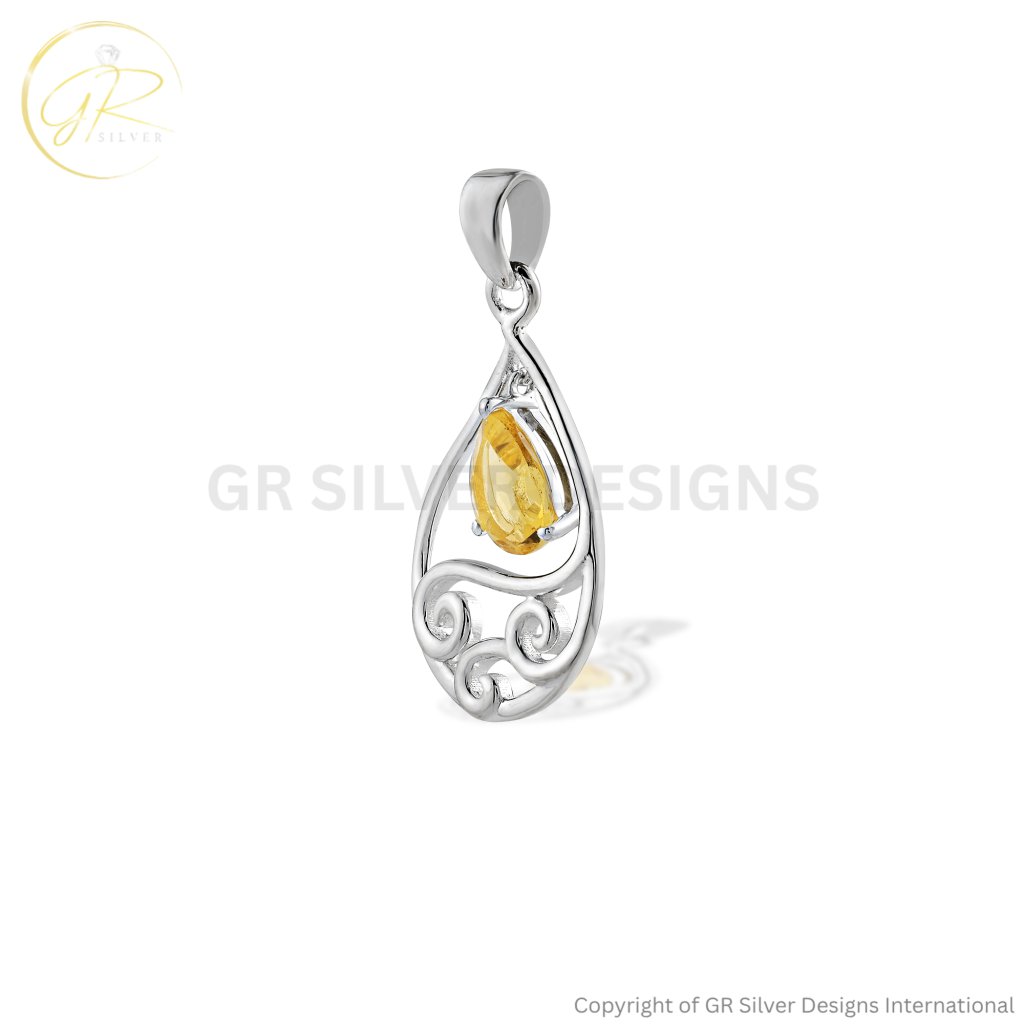 Natural Citrine November Birthstone Sterling Silver Pendant Necklace For Women