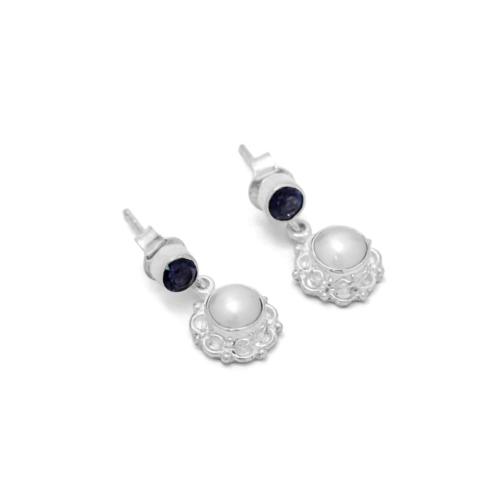 925 sterling silver Iolite and Pearl dangle earrings with blue gemstone and white pearl design