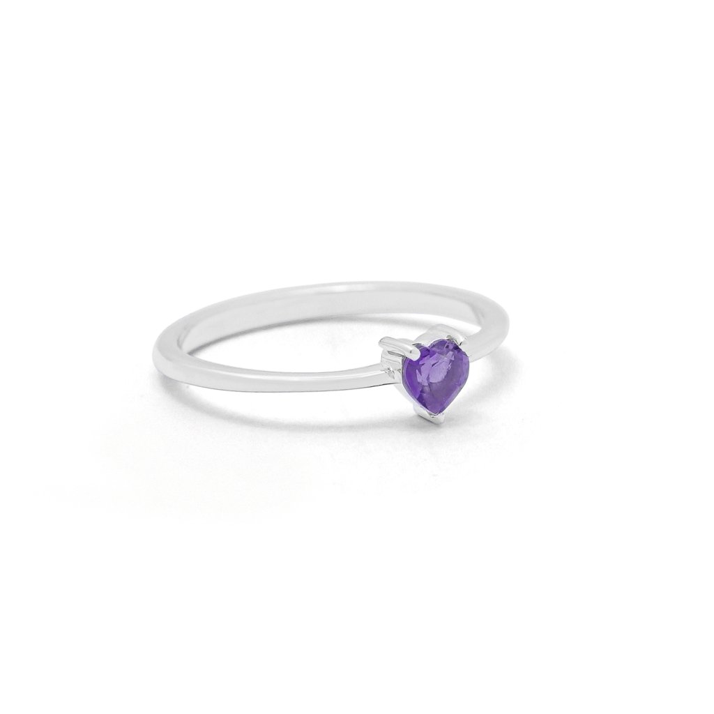 Amethyst heart cut silver ring with purple gemstone in 925 sterling silver